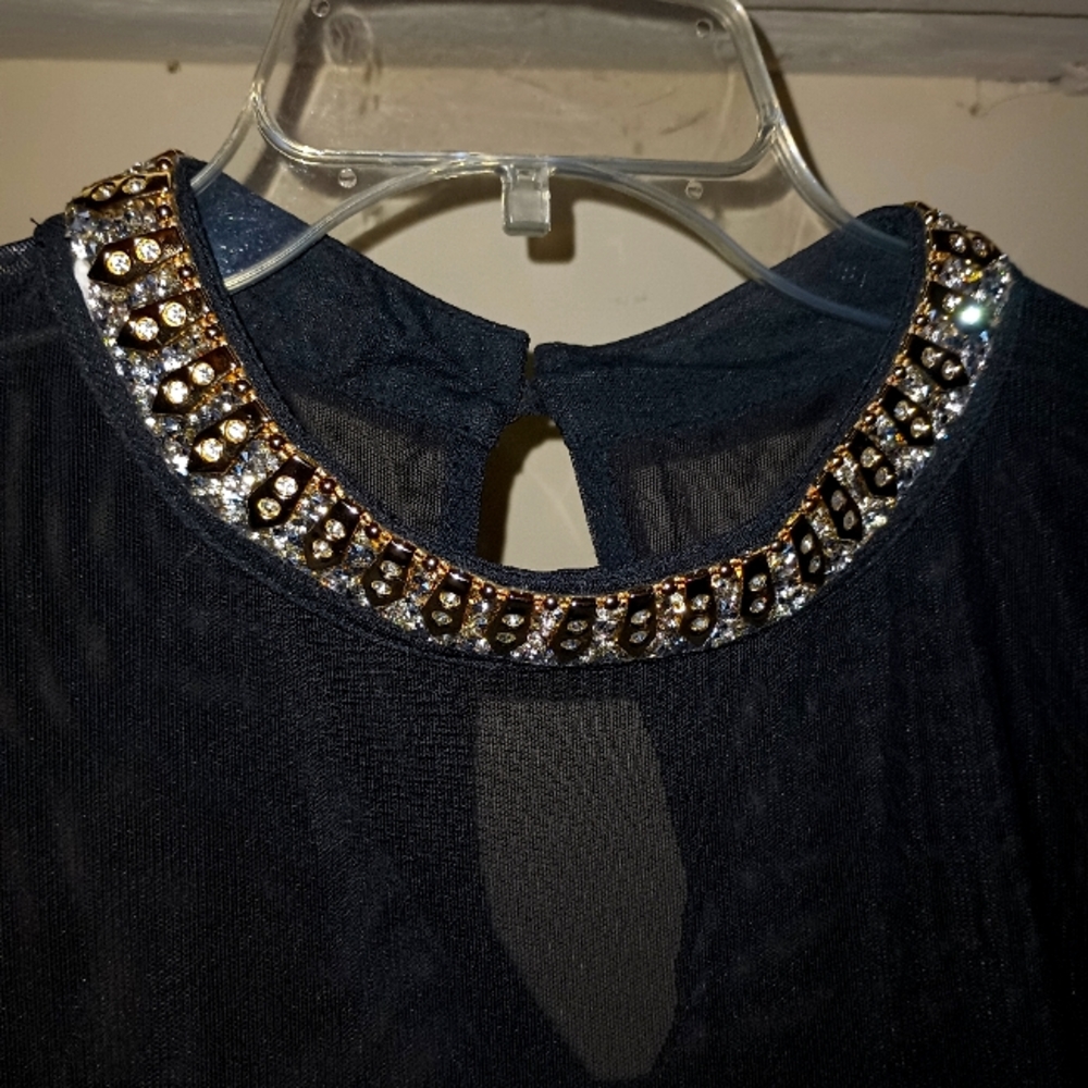 Plus Size Black Jeweled Sheer Mesh Mock Neck Top SZ 2 fits 18/20